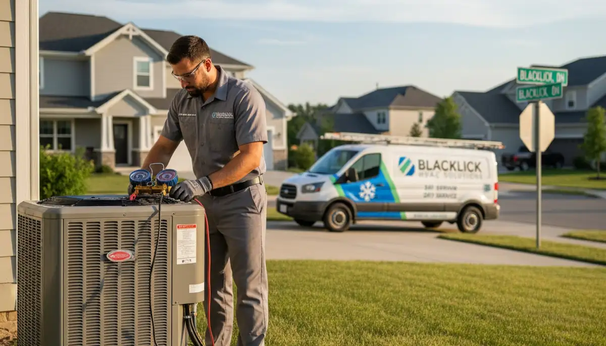 Professional AC repair technician servicing residential HVAC unit in Columbus, OH
