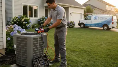 Professional AC repair technician servicing air conditioner in Columbus, OH