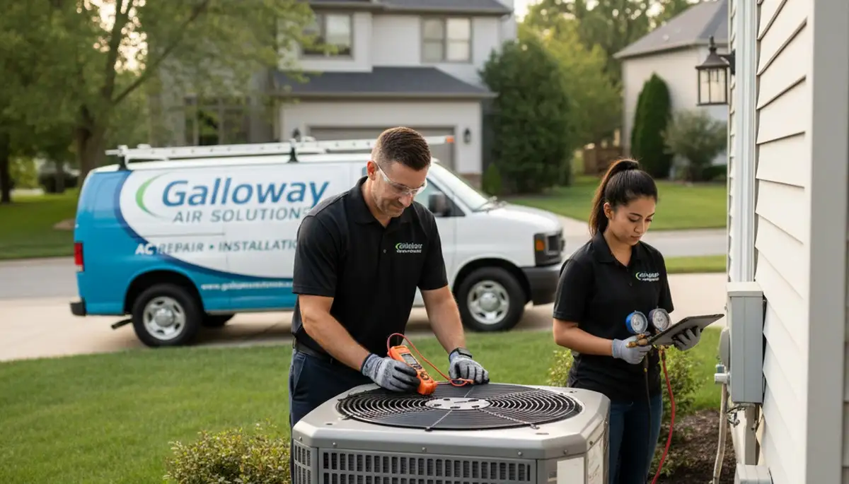 Professional AC repair technician servicing air conditioner in Columbus, Ohio home