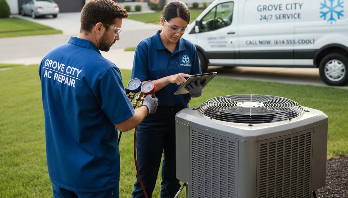 Professional AC repair technician servicing air conditioner unit in Columbus, OH home