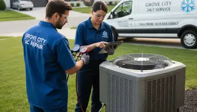 Professional AC repair technician servicing air conditioner unit in Columbus, OH home
