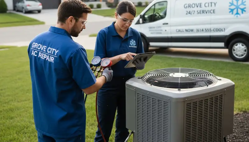 Professional AC repair technician servicing air conditioner unit in Columbus, OH home