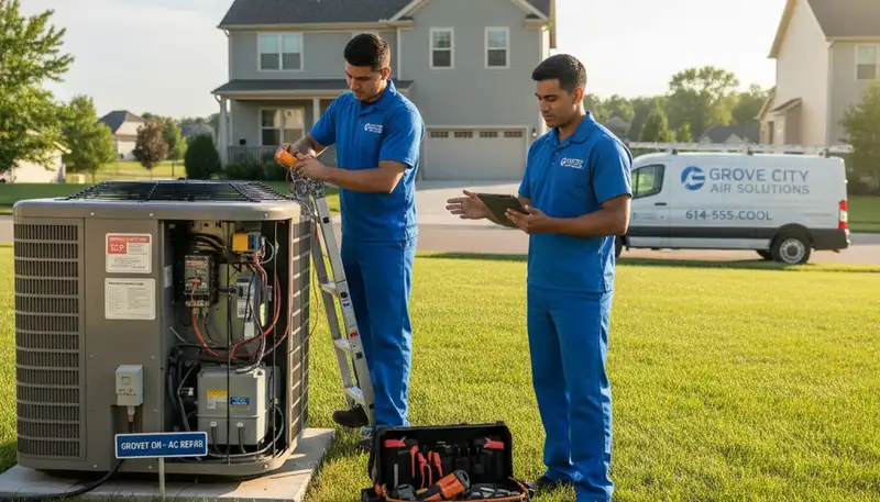 Professional AC repair technician servicing air conditioner in Columbus, OH home
