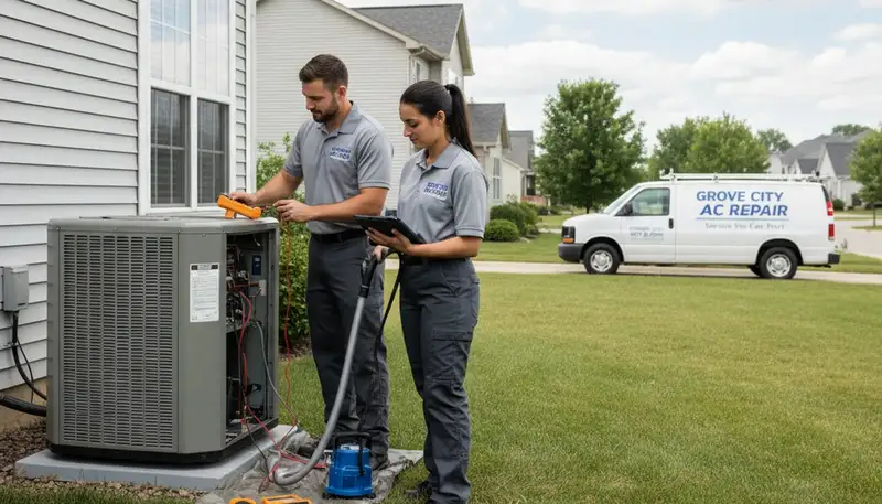 Professional AC repair technician servicing air conditioner in Columbus, OH home
