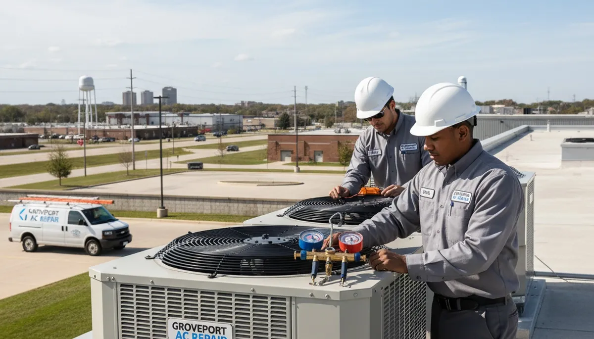 Professional AC repair technician servicing air conditioner in Columbus, OH home