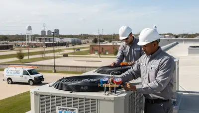 Professional AC repair technician servicing air conditioner in Columbus, OH home
