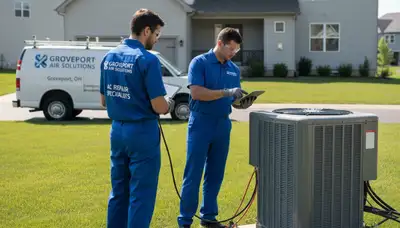 Professional AC repair technician servicing air conditioner unit in Columbus, OH