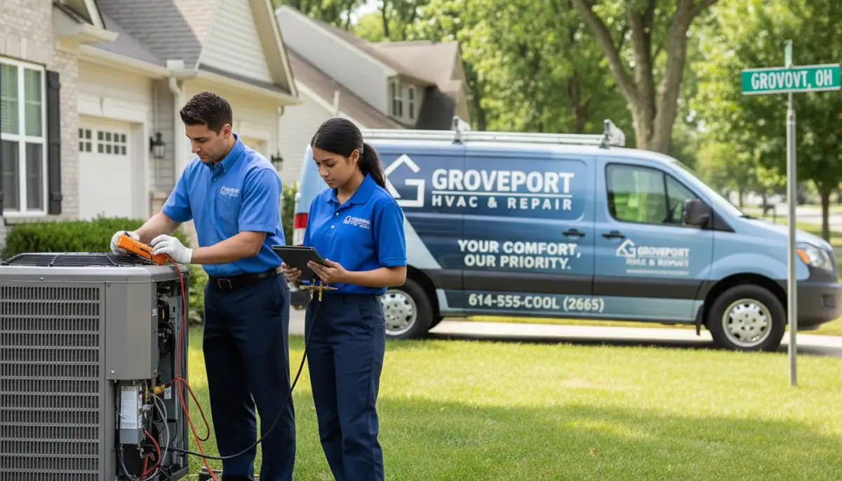 Professional AC repair technician servicing air conditioner unit in Columbus, OH