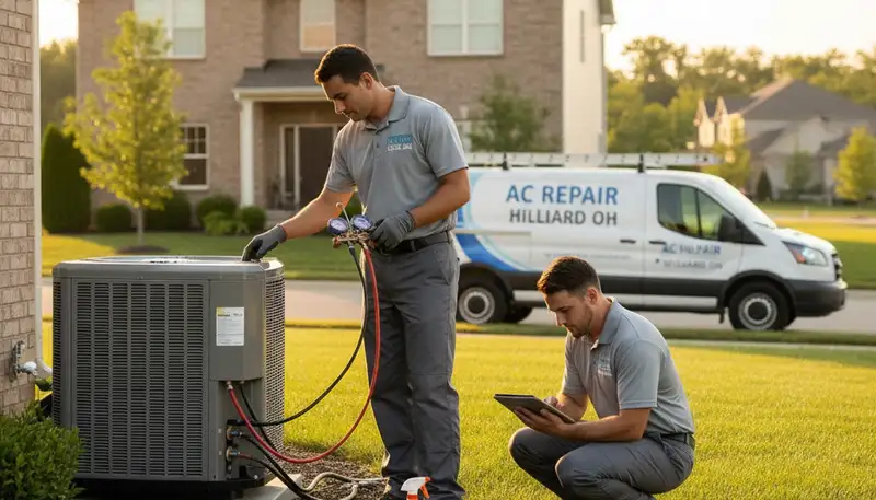 Professional AC repair technician servicing air conditioner in Columbus, OH home