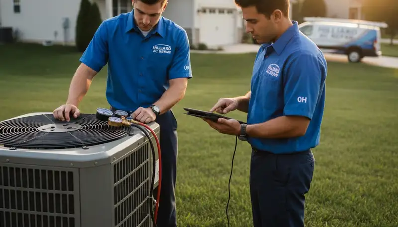Professional AC repair technician servicing air conditioner unit in Columbus, OH home