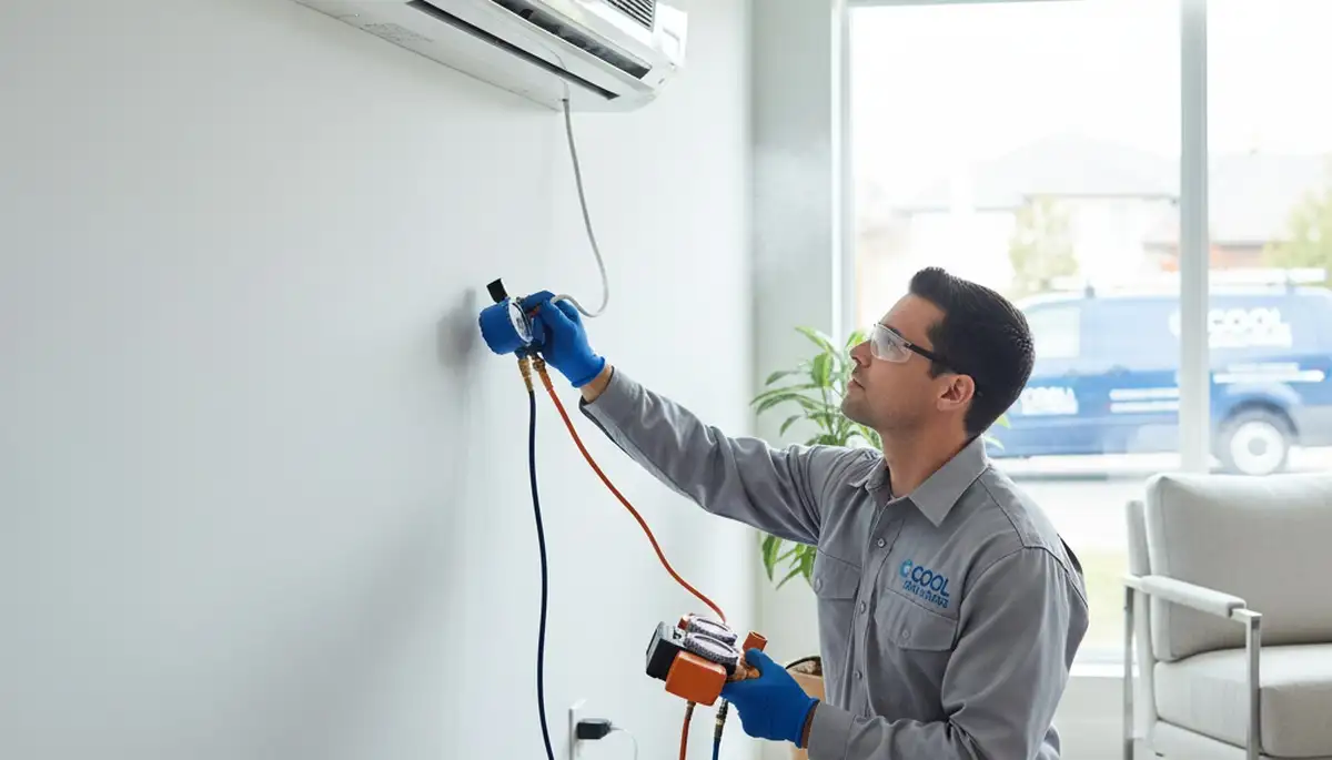 Technician performing AC repair in Columbus, OH for residential cooling system maintenance