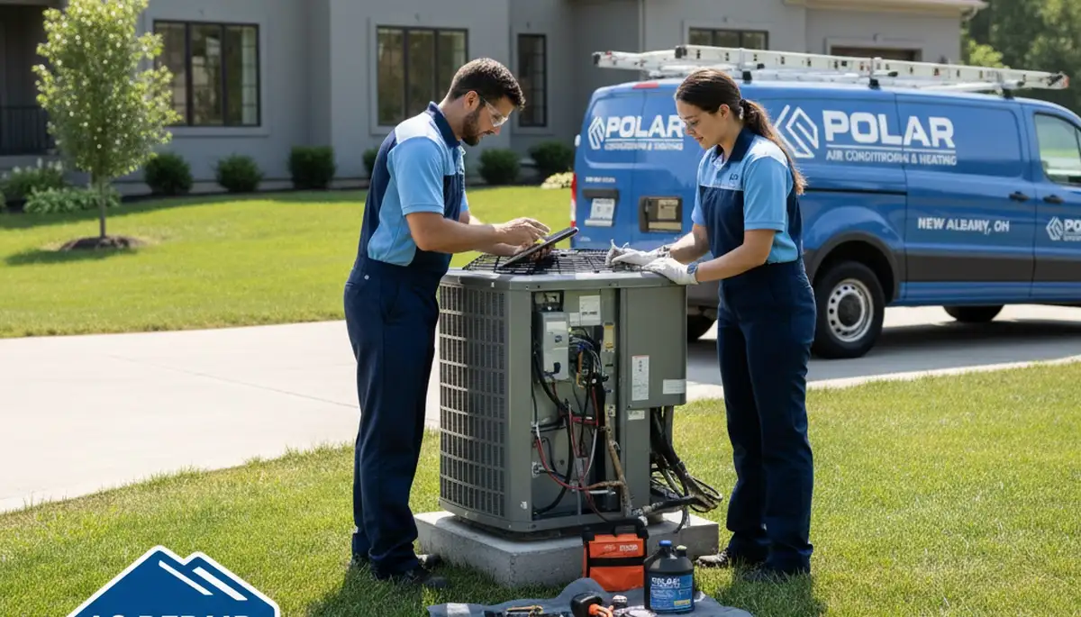 Professional AC repair technician servicing air conditioner in Columbus, OH home