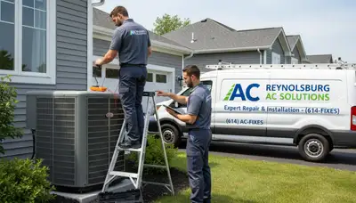 Professional AC repair technician servicing air conditioner in Columbus, OH home