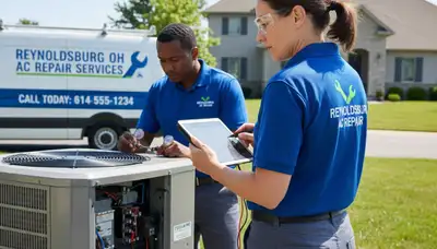 HVAC technician performing air conditioner repair in Columbus, OH home
