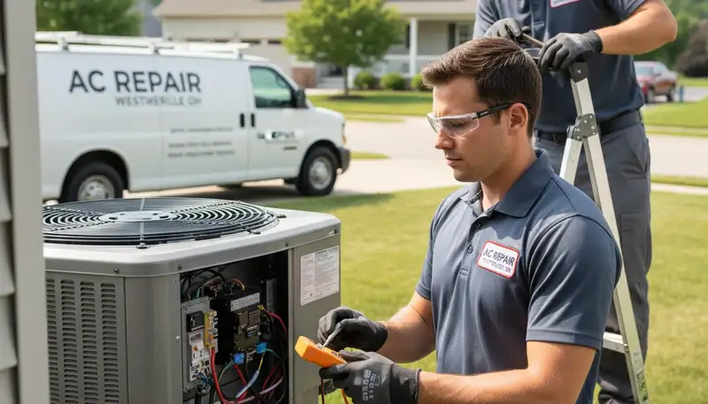 Professional AC repair technician servicing residential unit in Columbus, OH