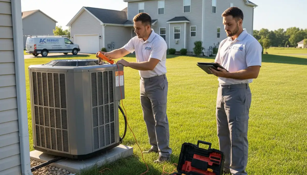 Professional AC repair technician servicing air conditioner unit in Columbus, OH
