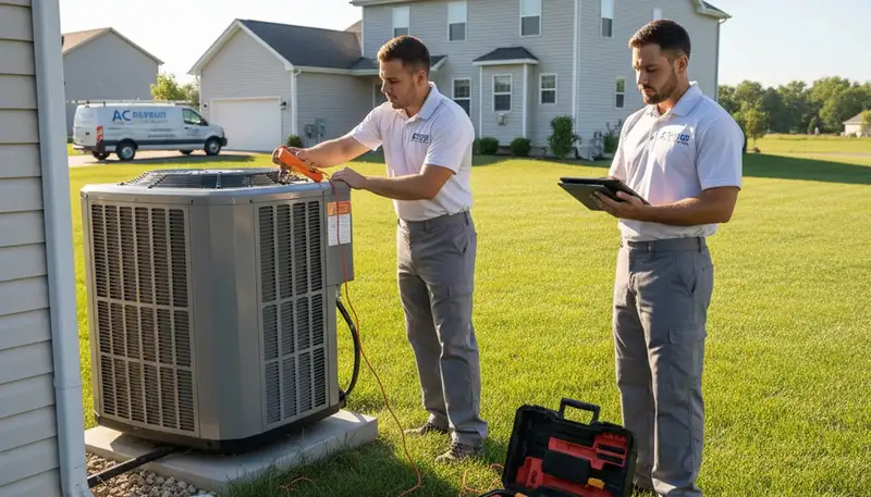 Professional AC repair technician servicing air conditioner unit in Columbus, OH
