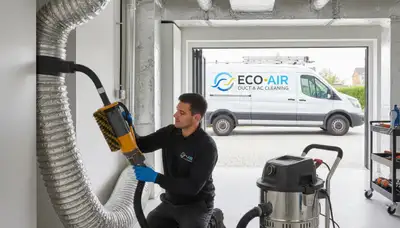 Technician cleaning air ducts for HVAC system in Columbus, OH home | Five Star Cooling air duct service