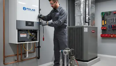 Technician performing boiler repair service in Columbus, OH for residential heating system