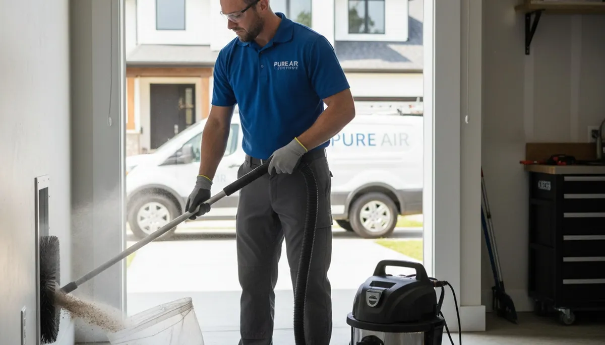 Technician cleaning dryer vent for improved airflow in Columbus, OH home by Five Star Cooling