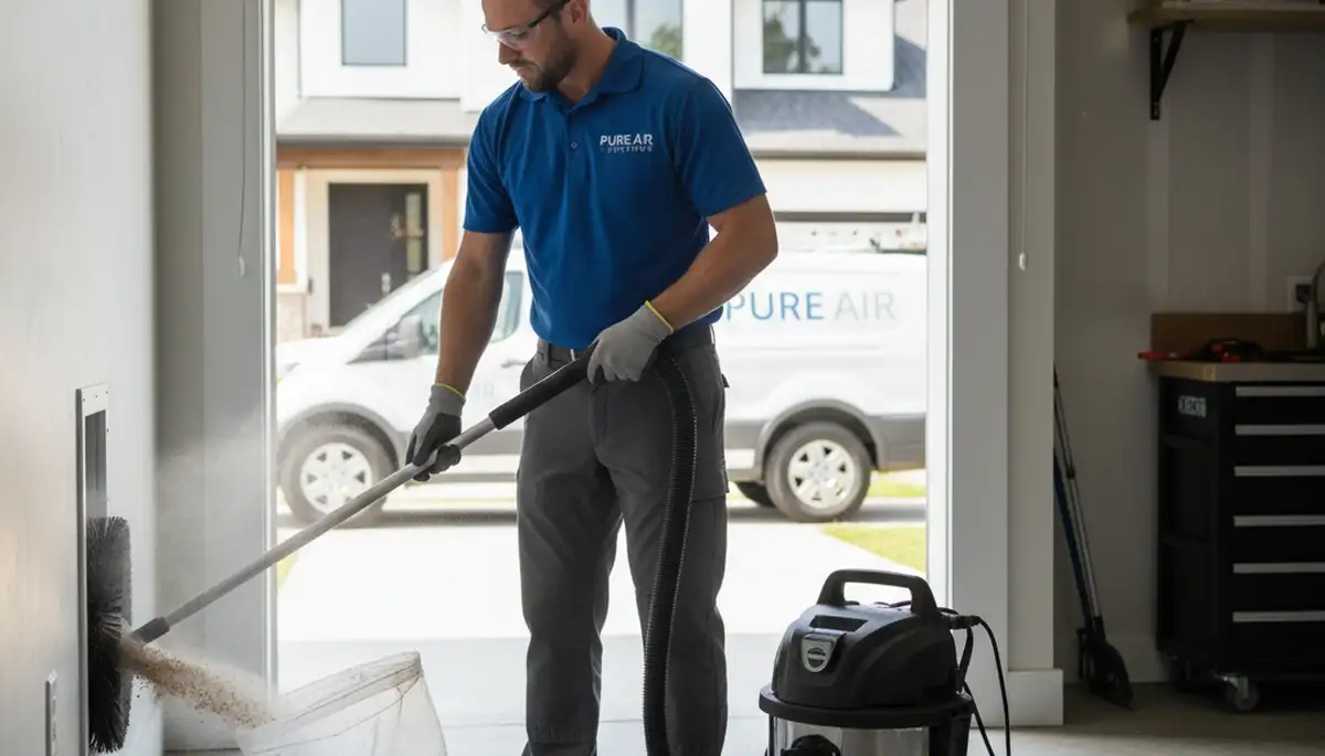 Technician cleaning dryer vent for improved airflow in Columbus, OH home by Five Star Cooling