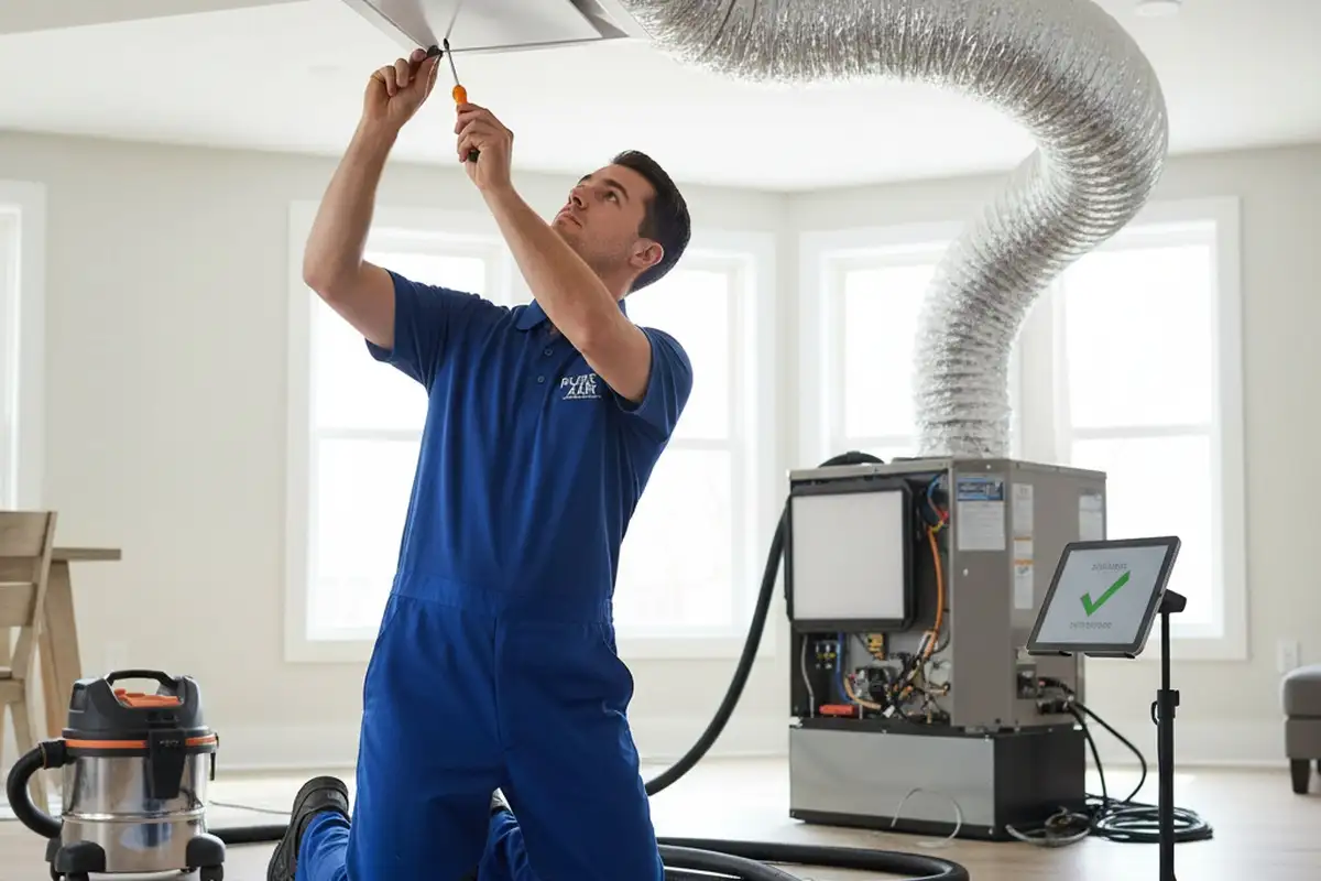 Technician finishing air duct cleaning and HVAC reassembly in Columbus, OH home