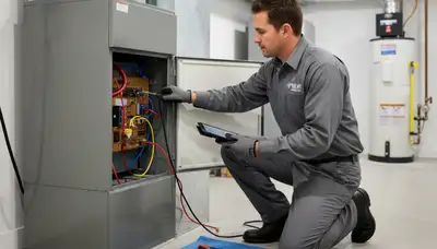 Technician performing furnace repair service in Columbus, OH for Five Star Cooling