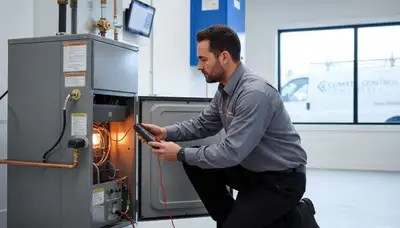 Technician performing heating repair on furnace system in Columbus, OH home