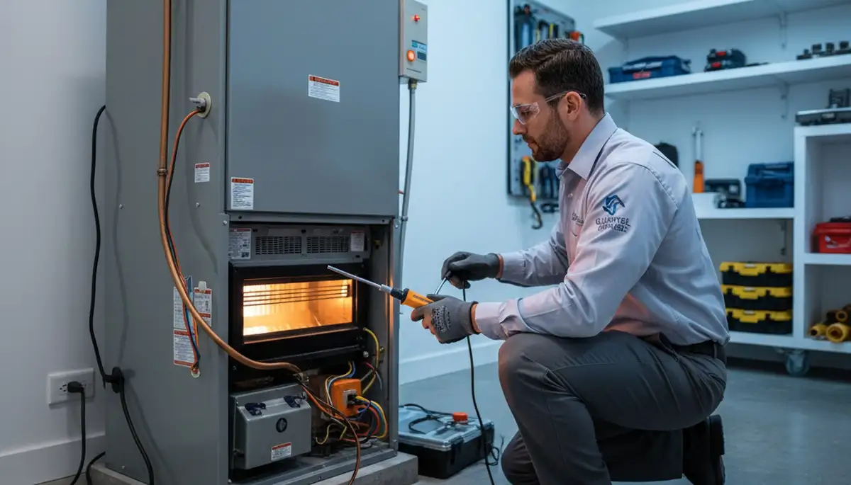 Technician performing heating repair service in Columbus, OH home for Five Star Cooling