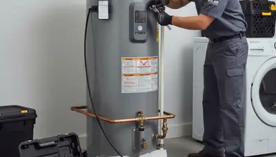 Technician repairing residential water heater in Columbus, OH for Five Star Cooling service