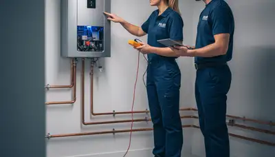 Technician performing water heater repair service in Columbus, OH for Five Star Cooling